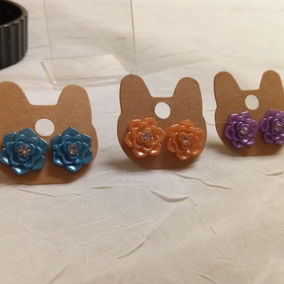 Three Pair Steel Handmade Hand Crafted Resin Flower Stud Earrings Jewelry #51 - Picture 12 of 14